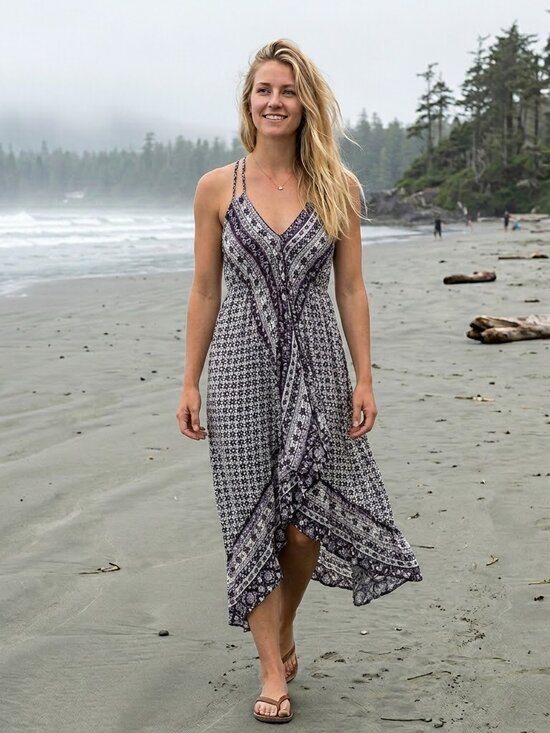 Papillon Blanc Dresses & Skirts - Papillon Navy and White Printed Spaghetti-Strap Midi Dress